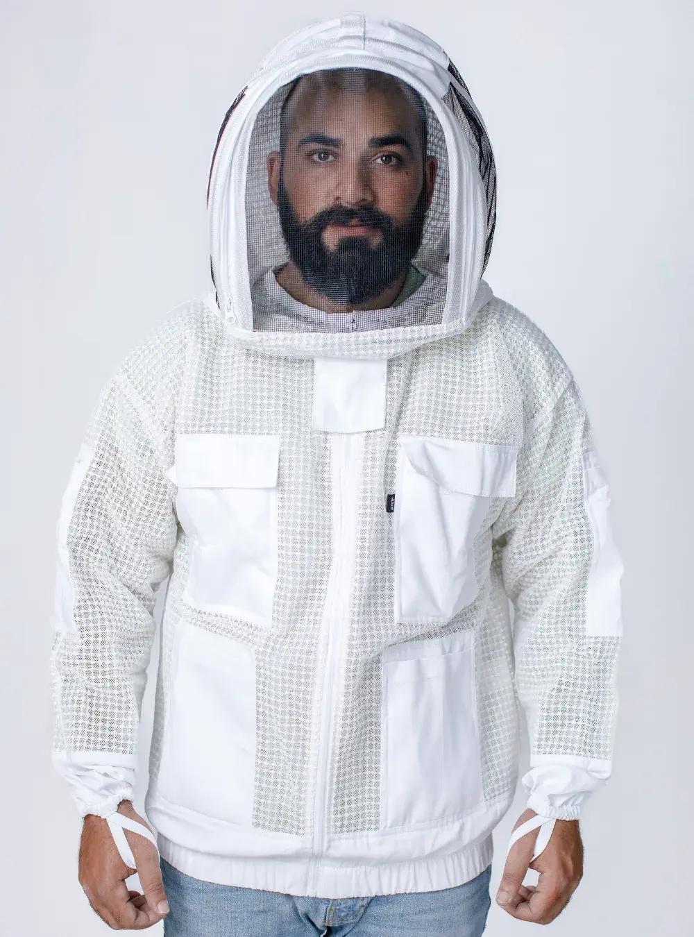 Beekeeping jacket with an attached fencing veil, showing the elastic hem at the waist