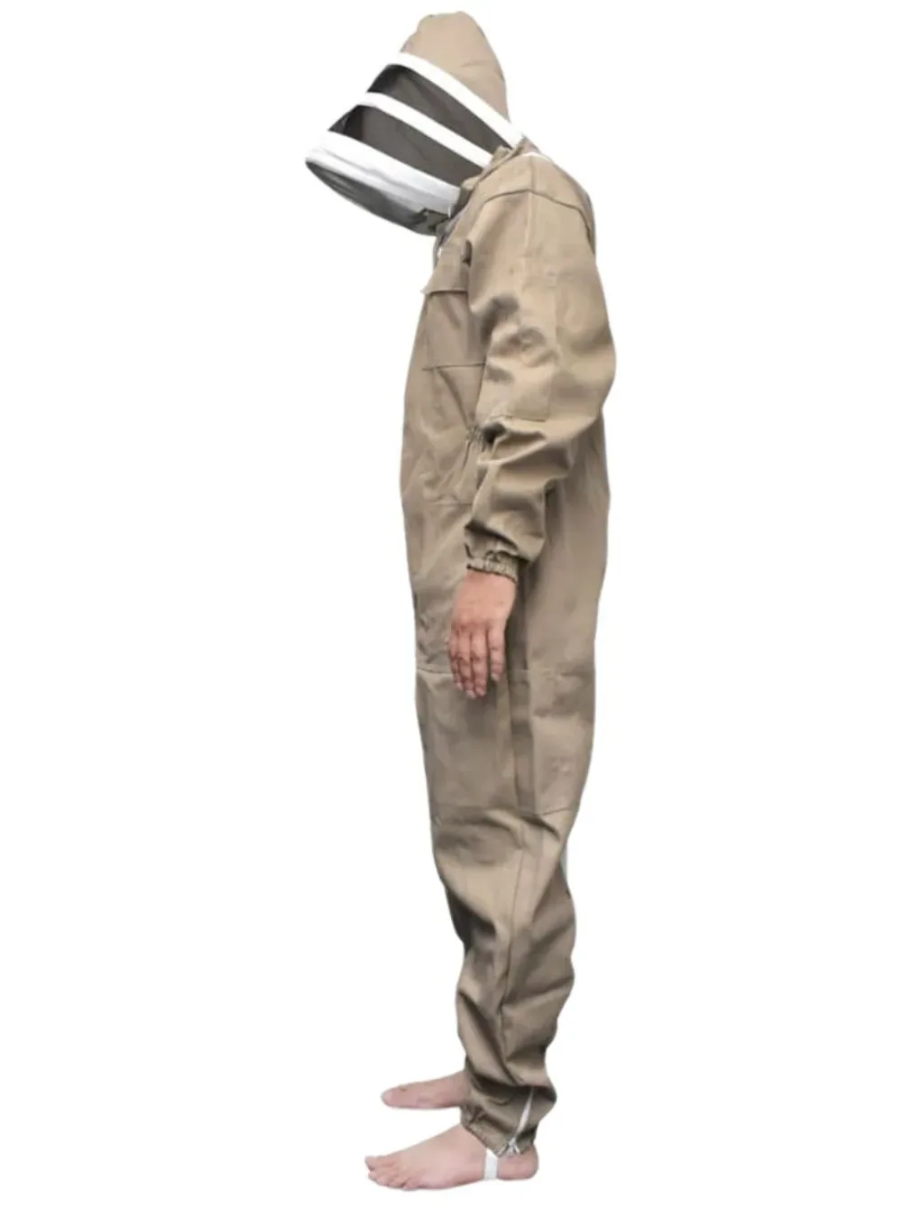 Close-up of a white beekeeping suit showing the weave, cuff and zip
