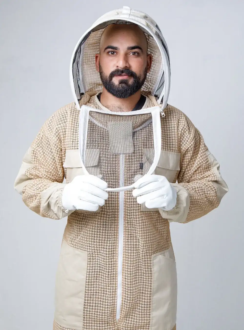 Beekeeping coverall with the fencing veil unzipped and folded back, showing the collar