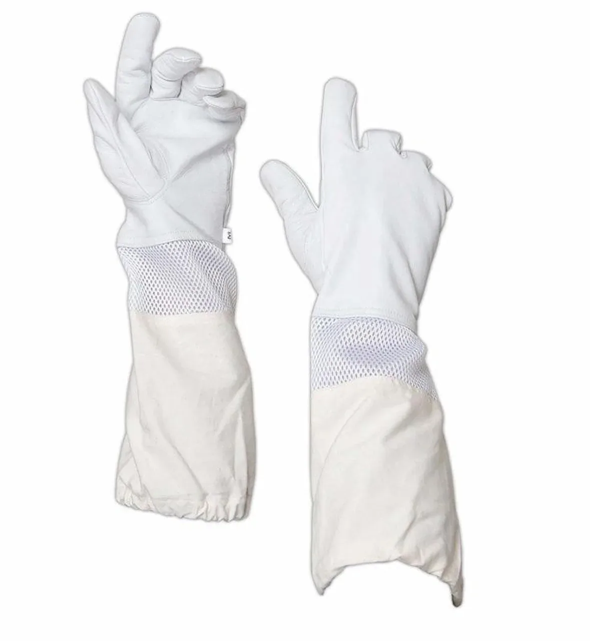 Goatskin beekeeping glove with an extended gauntlet cuff that overlaps the suit sleeve