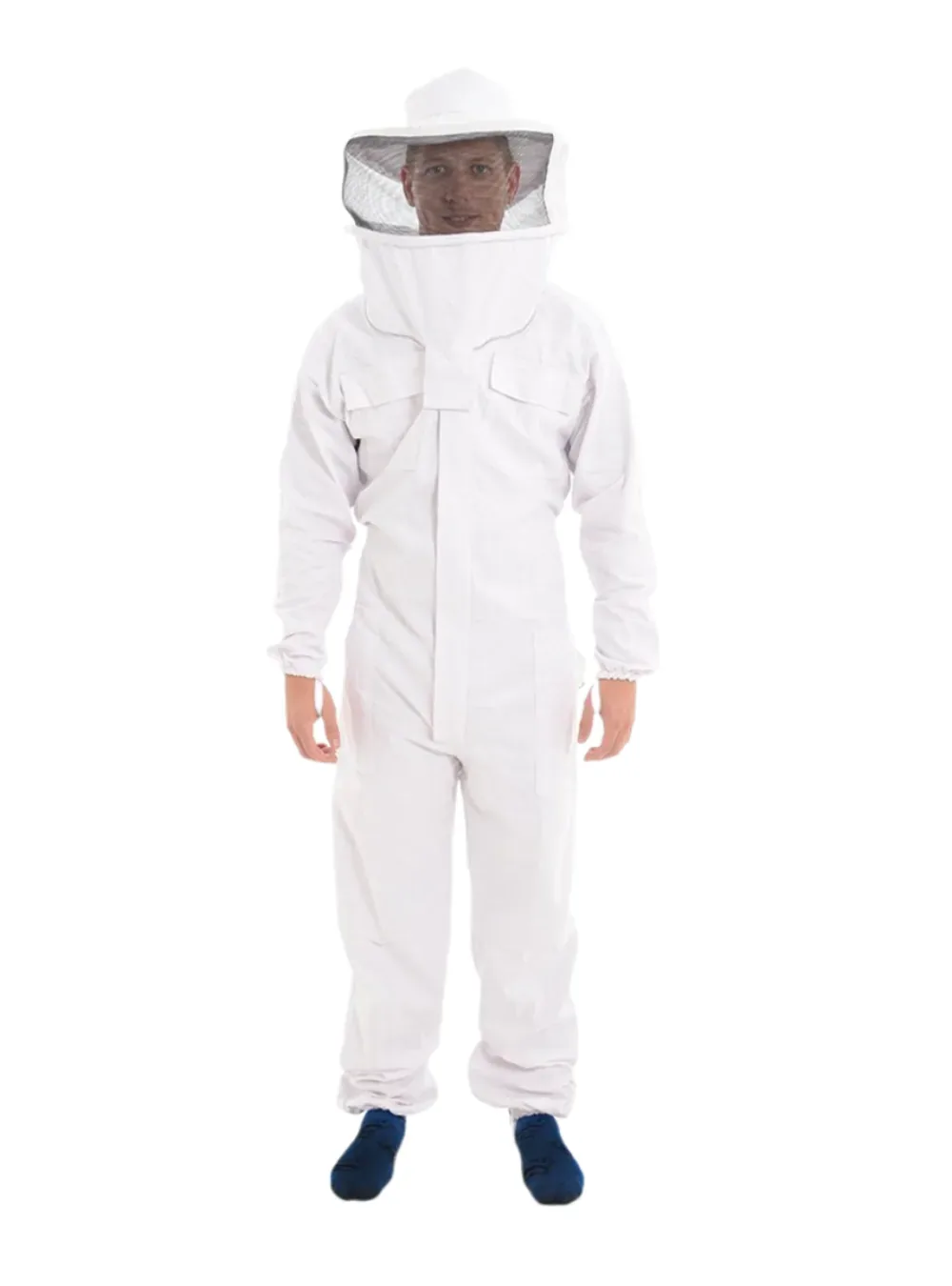 White cotton beekeeping suit with a round veil, showing the dense weave that stops a sting