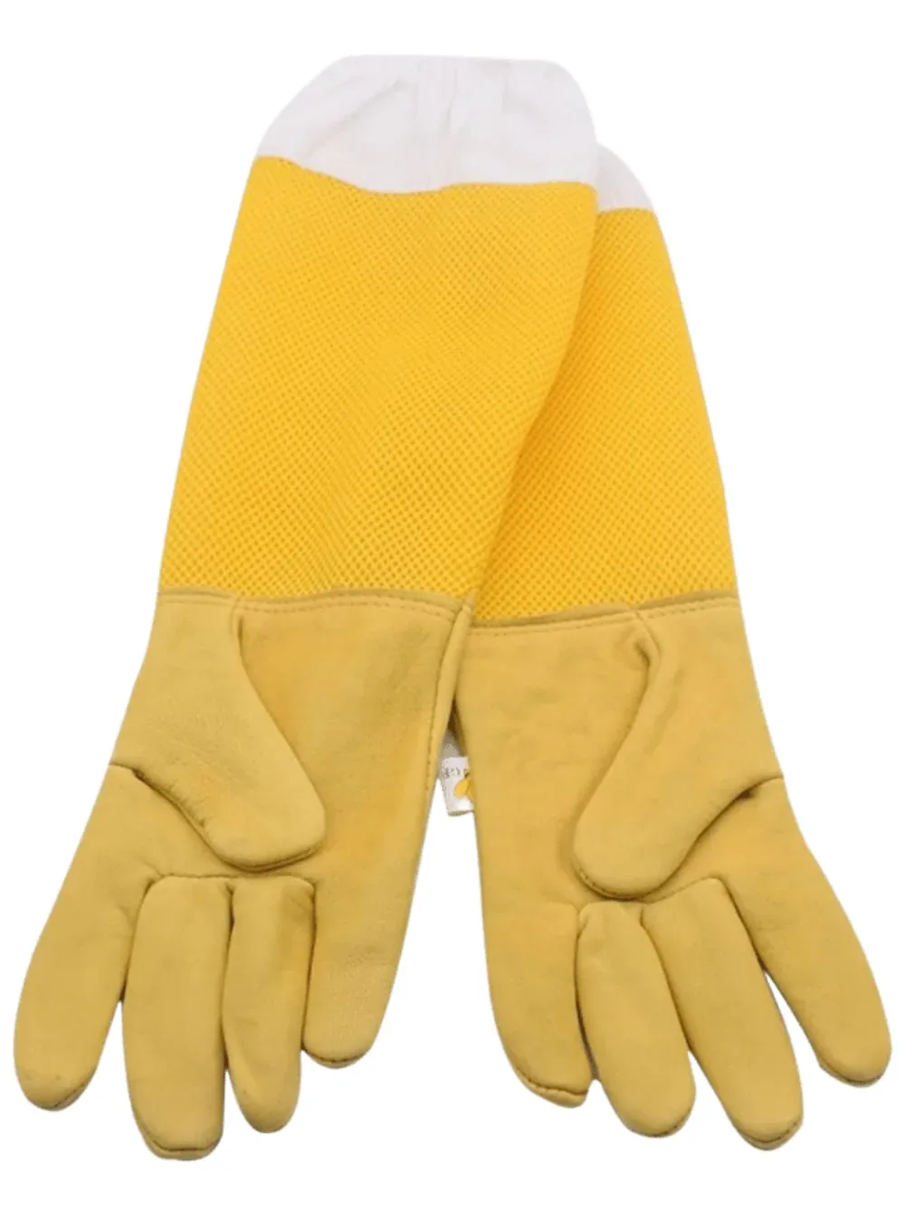 Yellow leather beekeeping gloves with a ventilated mesh gauntlet and white elastic cuff