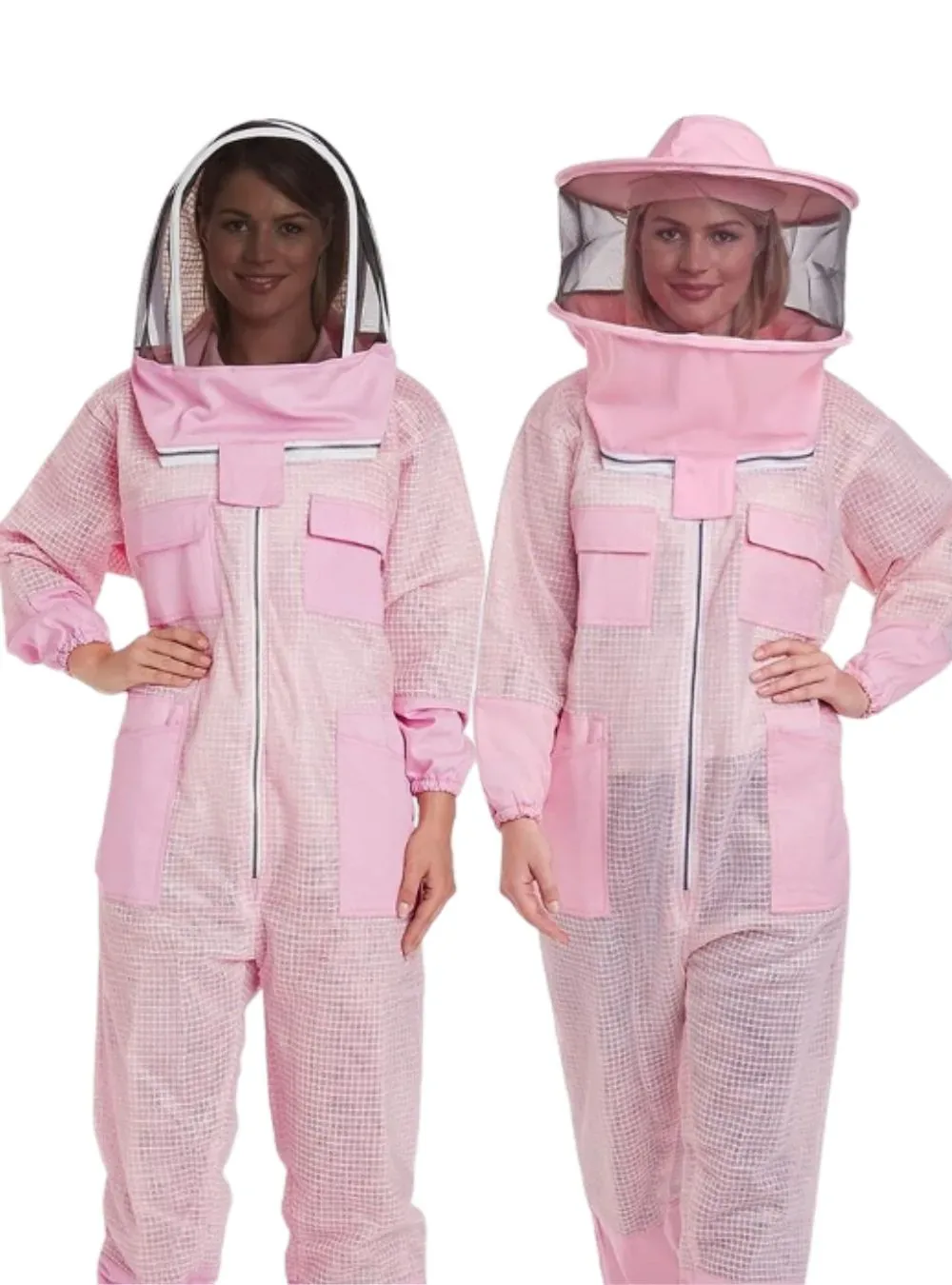 Pink beekeeping suit showing that colored bee suits are a practical alternative to white
