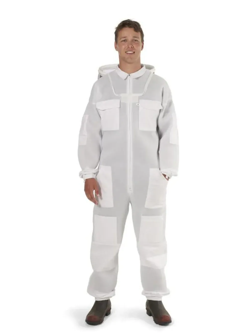 Full-length front view of a beekeeper in a white ventilated bee suit, showing leg length to the boots