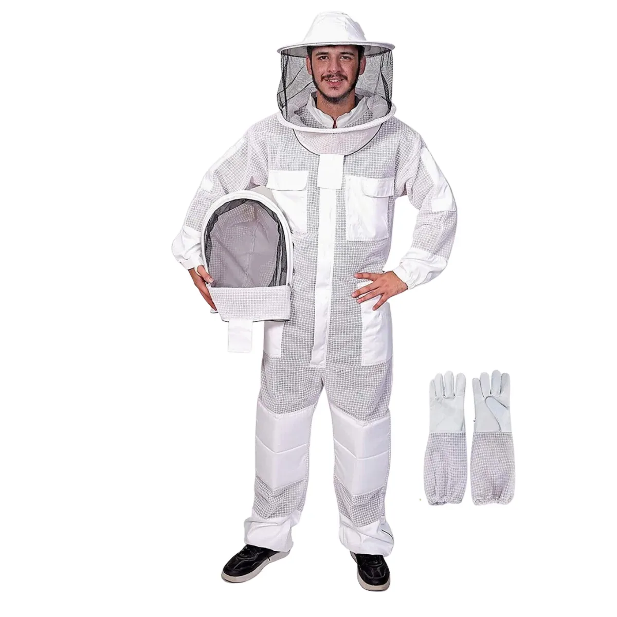 Three-layer ventilated mesh bee suit showing the spacer layer that holds the standoff gap