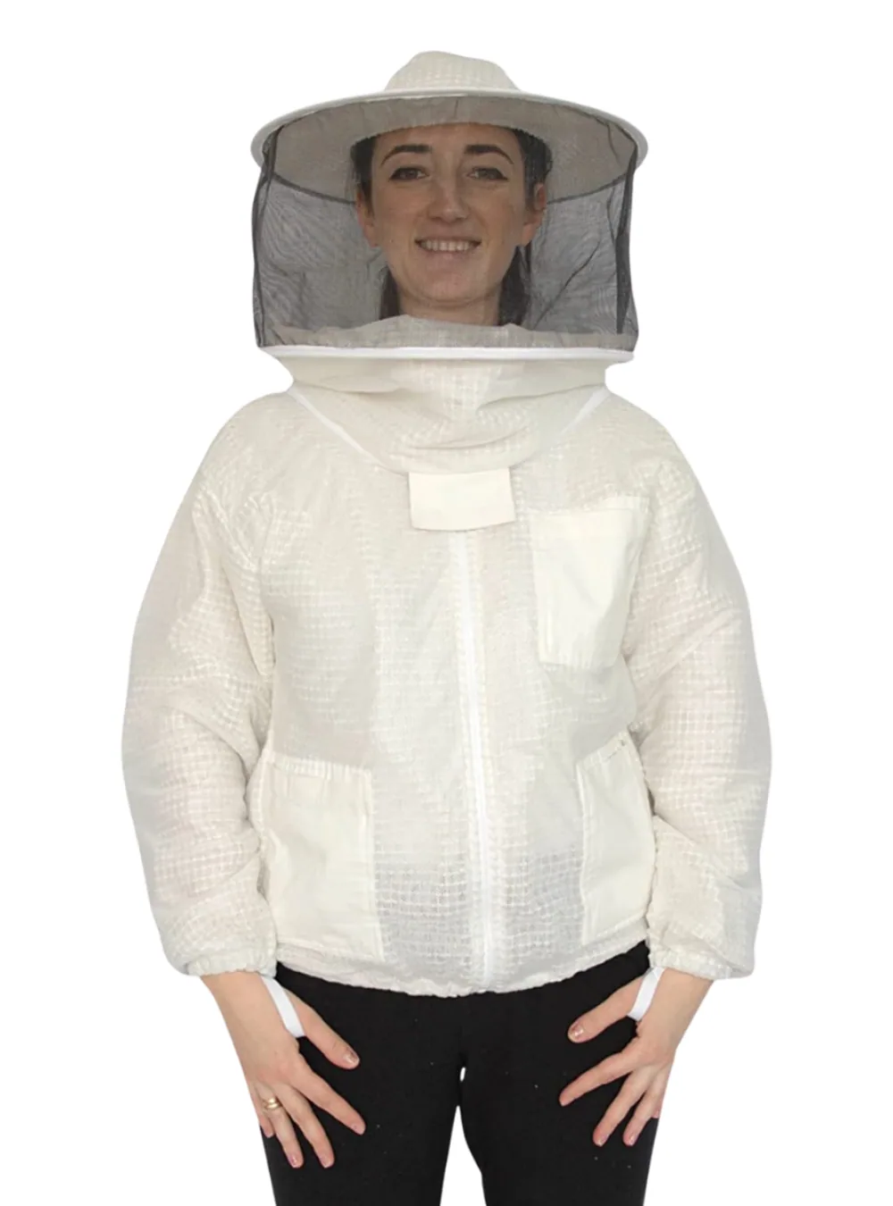 Close view of the three-layer mesh panel on a ventilated beekeeping jacket