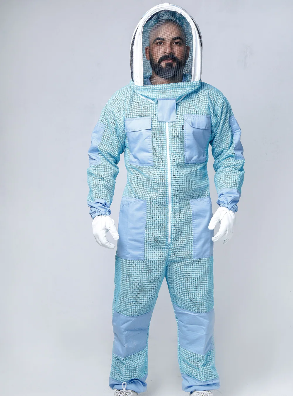 A pale blue bee suit, in the same bracket as a pink bee suit or a white one