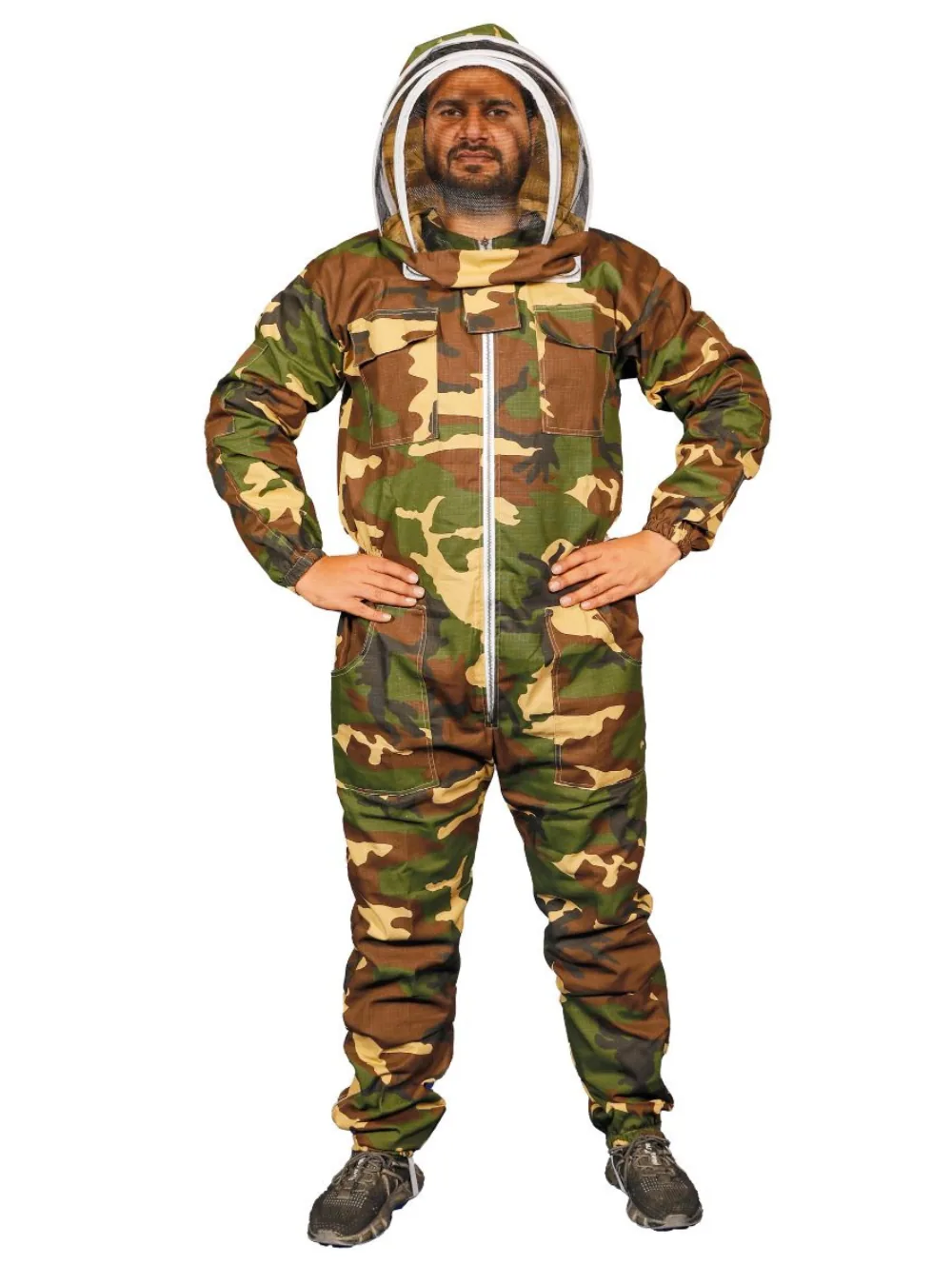 A camouflage suit, the one case where coloured bee suits deliberately go darker