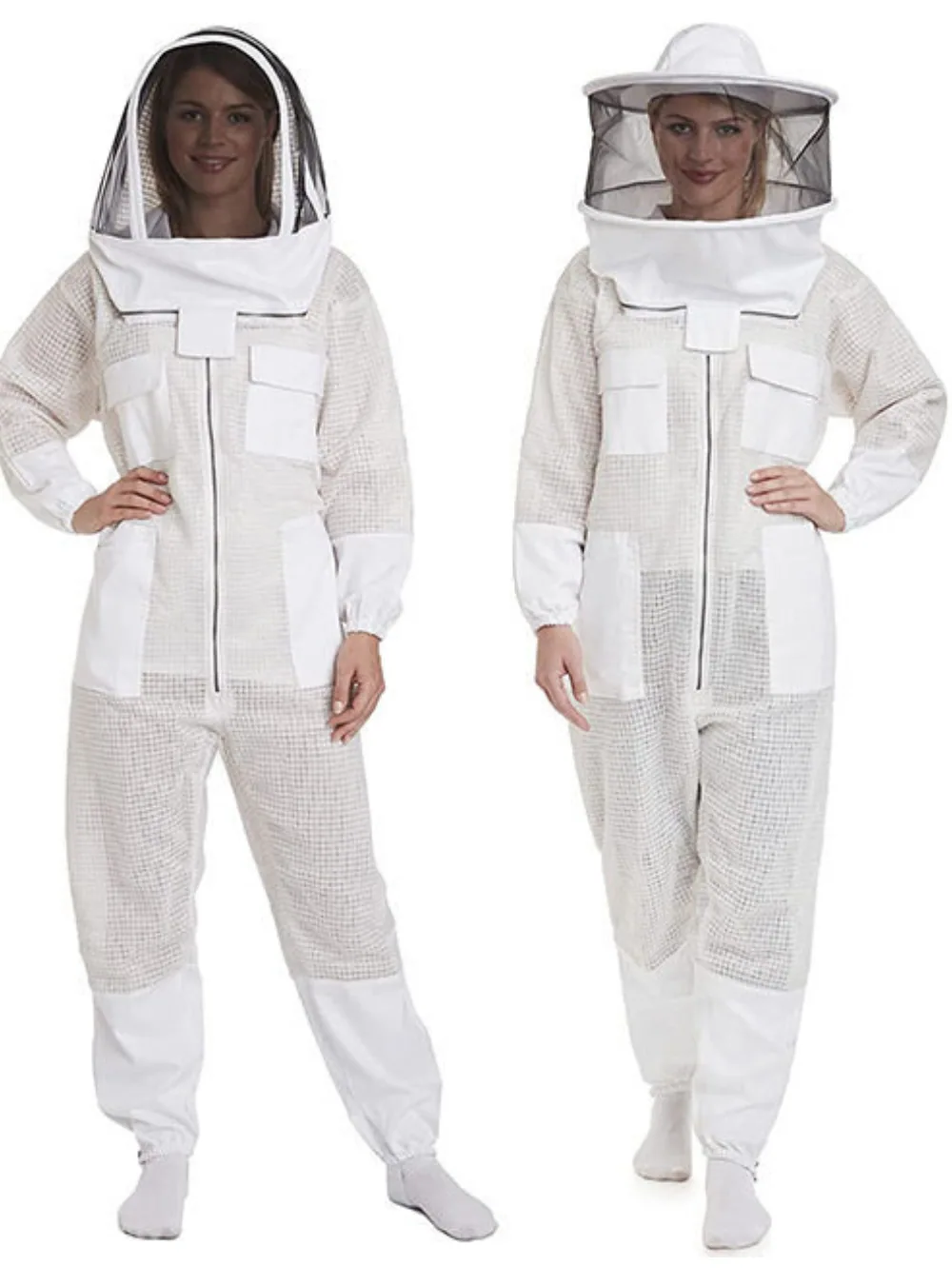 Two bee suits side by side, which answers how many bee suits a beekeeper needs